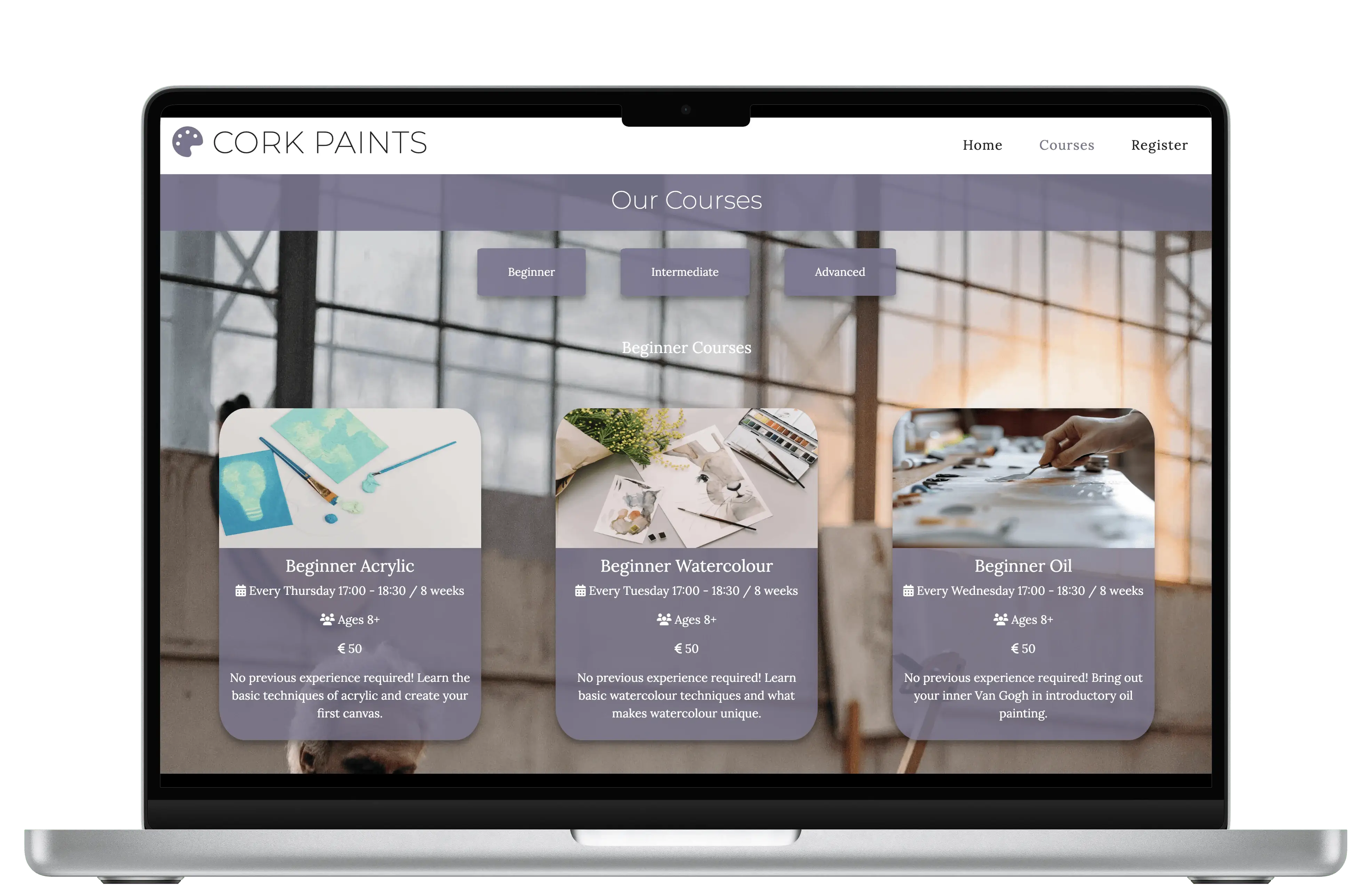 Cork Paints courses page mockup desktop