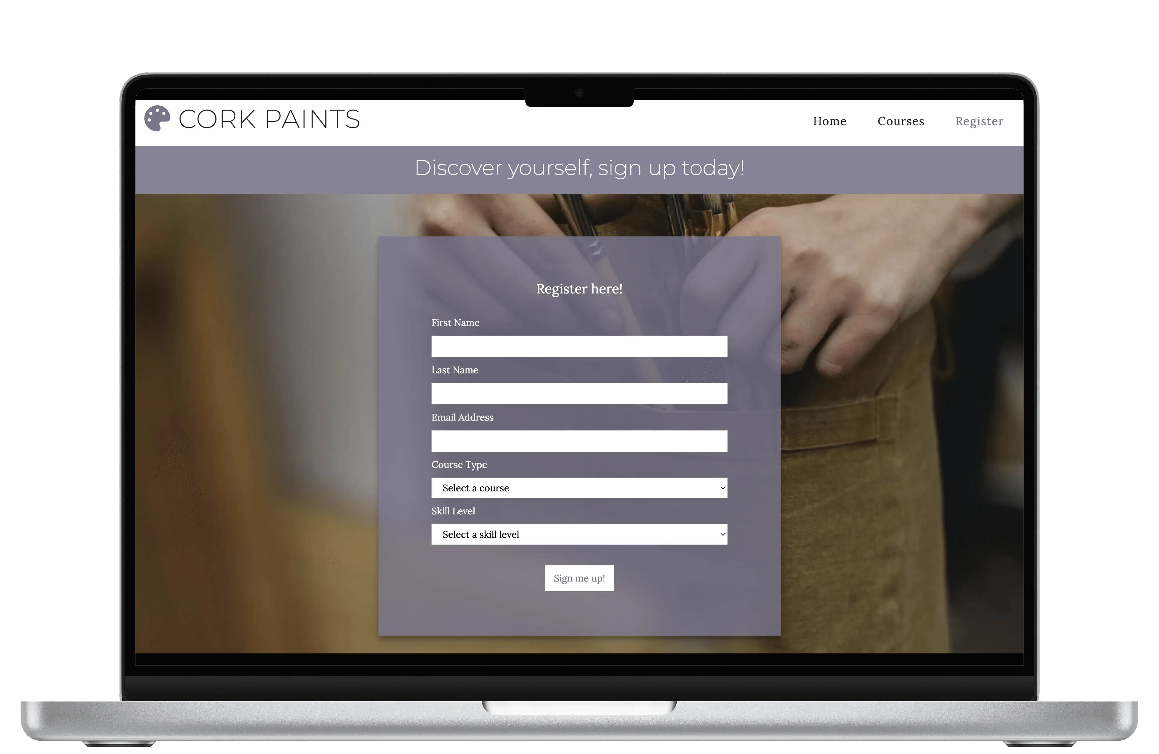 Cork Paints registration page mockup desktop