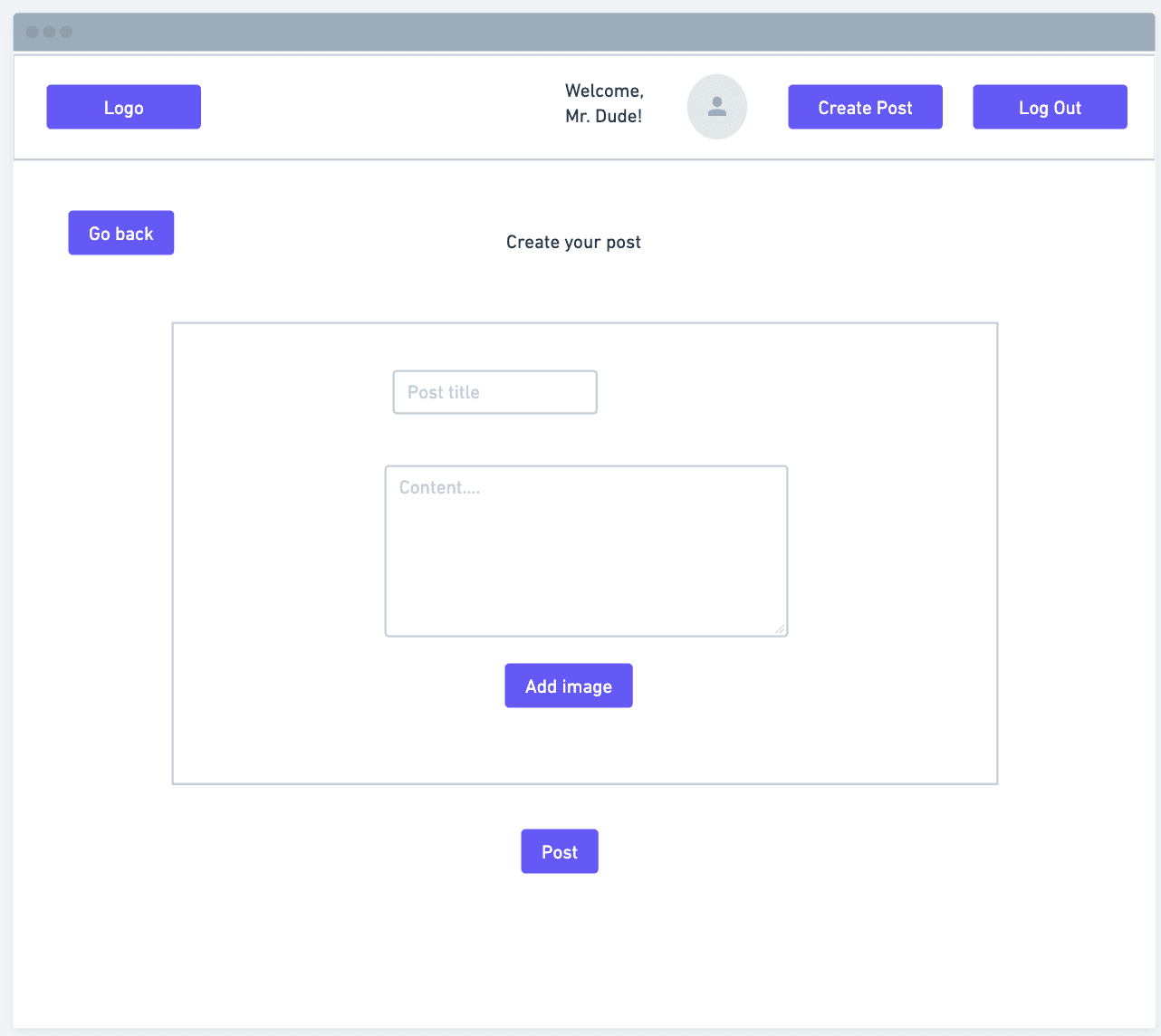 Low fidelity wireframes of creating posts on desktop