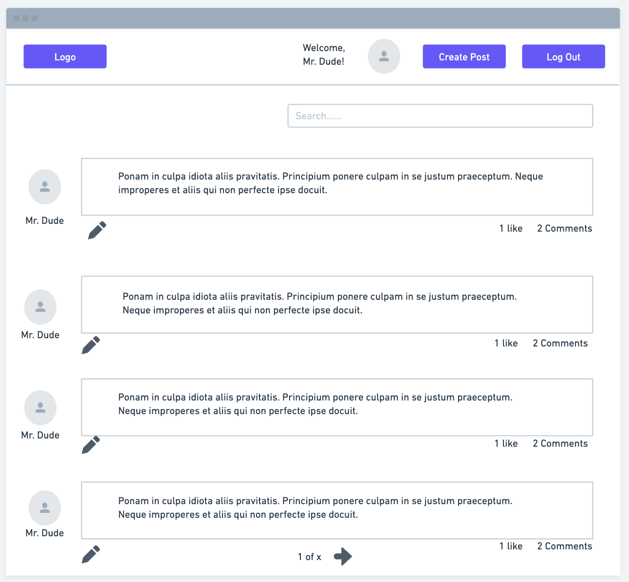Low fidelity wireframes of desktop feed