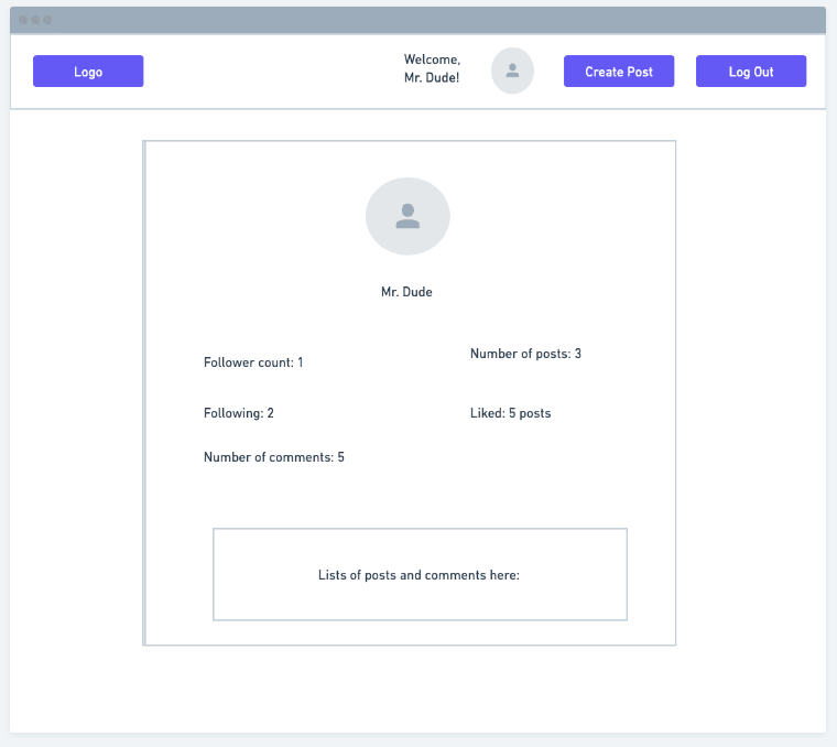 Low fidelity wireframes of profile page on desktop