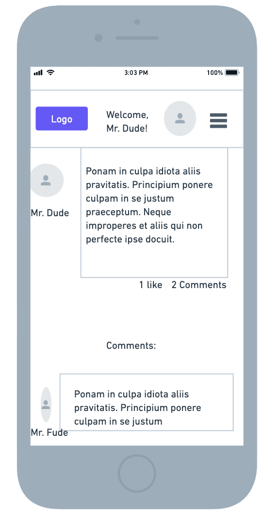 Low fidelity wireframes of commenting on mobile