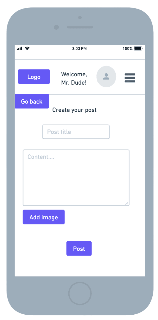 Low fidelity wireframes of creating posts on mobile