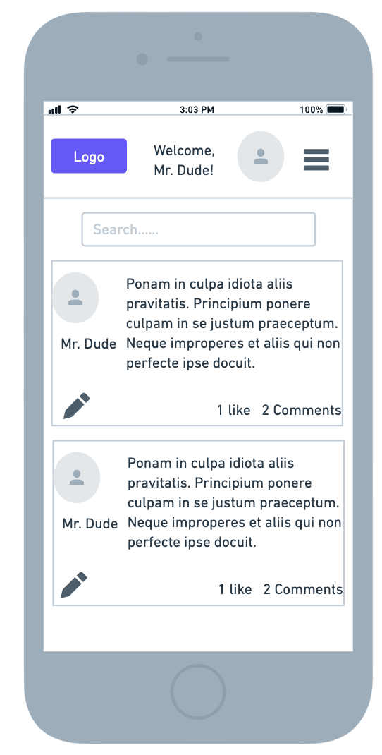 Low fidelity wireframes of mobile feed