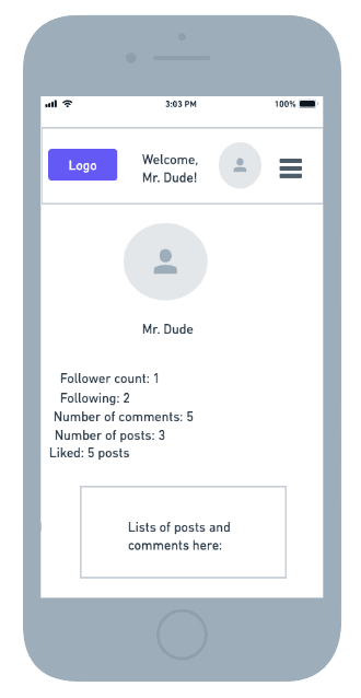 Low fidelity wireframes of profile page on mobile